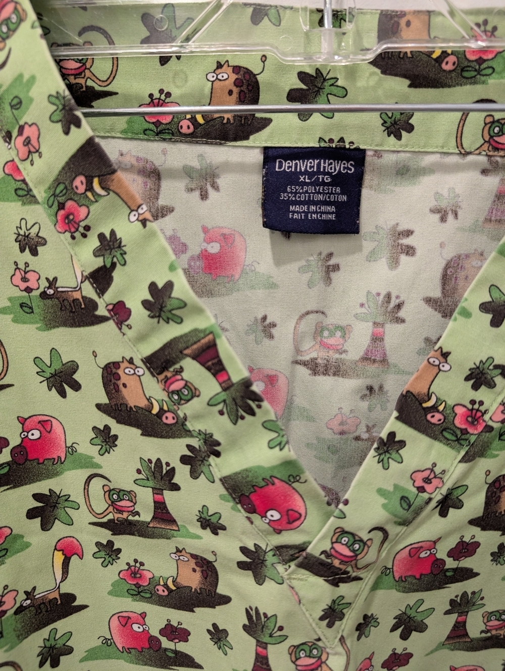Denver Hayes Light Green Cartoon Animal Palm-Print Scrub Top